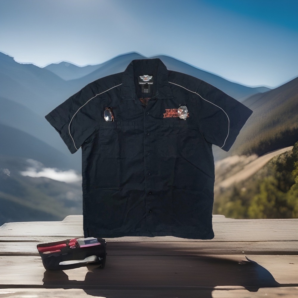 Harley-Davidson Black Short-Sleeve Button Down with Contrast Piping